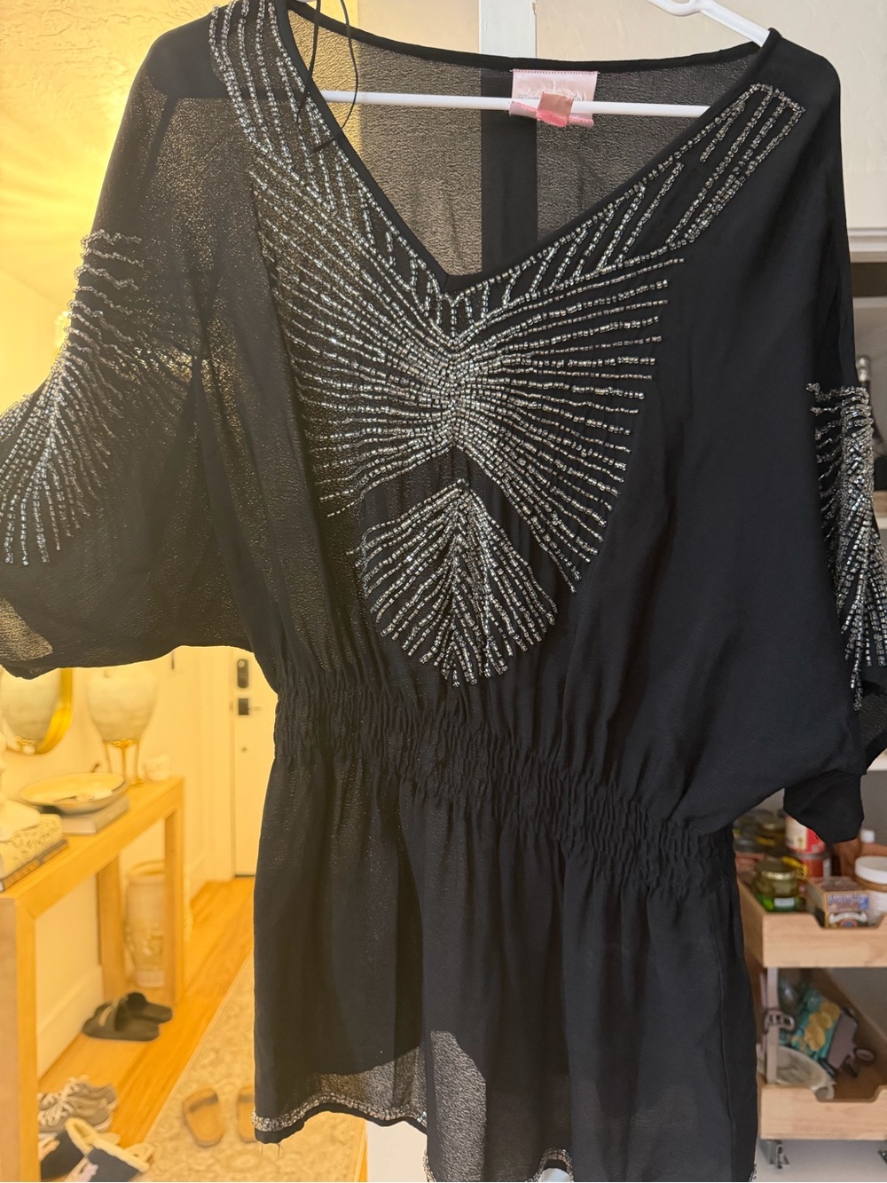 Black Beaded V-Neck Sheer Tunic with Elastic Waist